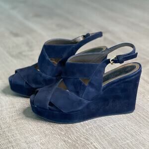 MARNI Women's Blue Suede Leather Platform Wedge Sandals